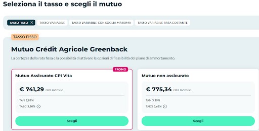 schermata proposte del calcola rata mutuo credit agricole